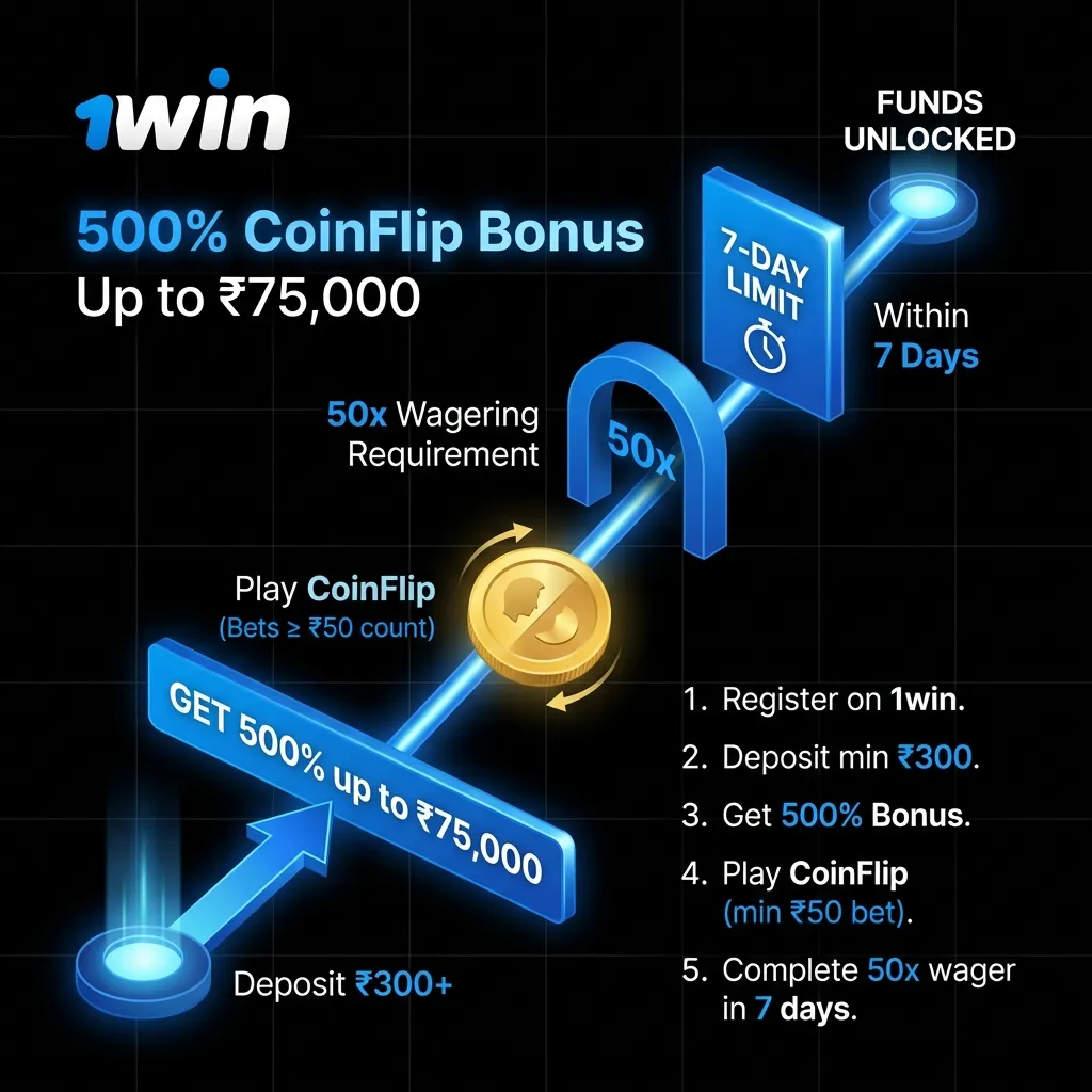 How to get the 500% match bonus up to ₹75,000 for CoinFlip on 1win