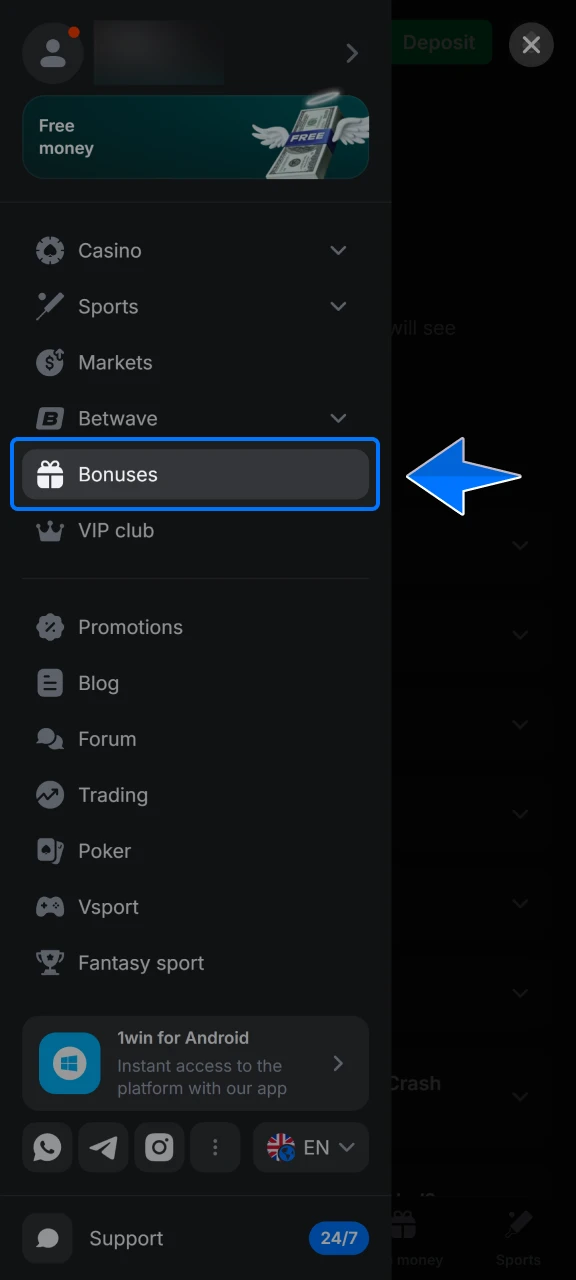 Select your preferred introductory reward from the available options to boost your initial 1win balance.