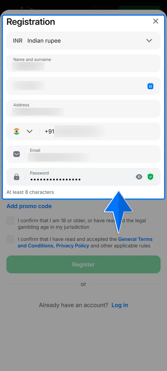 Fill in your personal information, contact details, and a secure password to create your unique 1win casino profile.