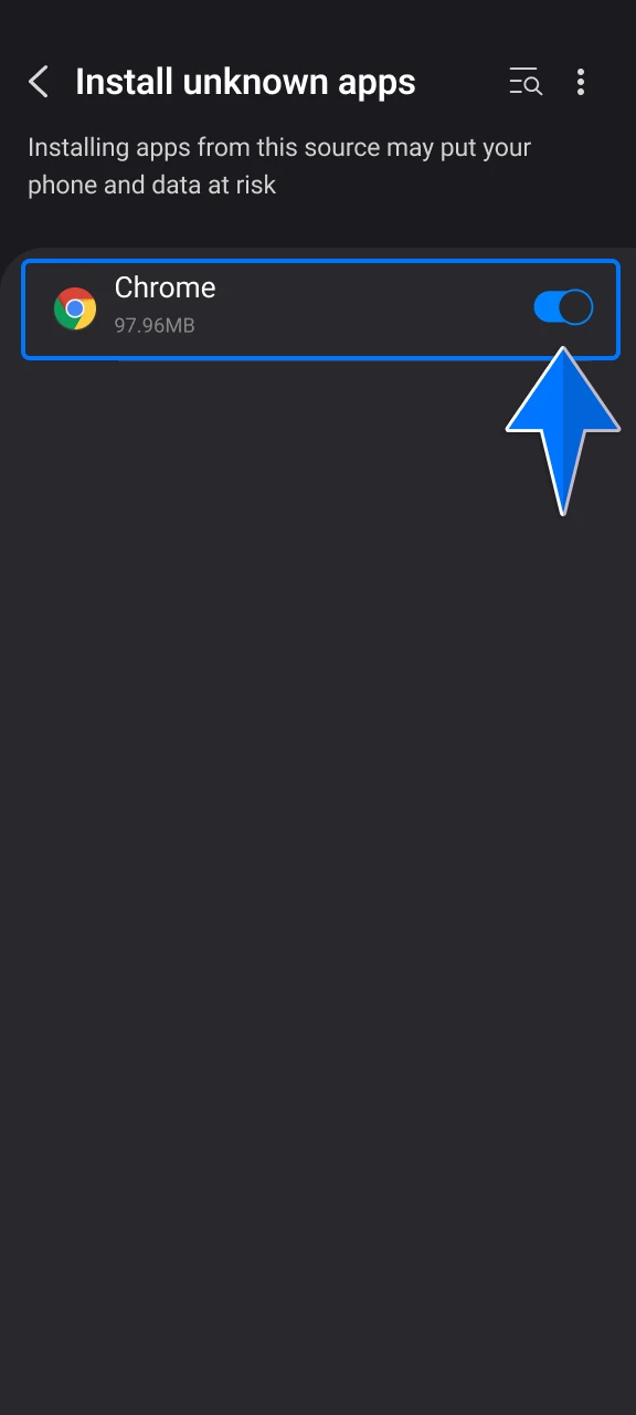 Enable the "Install unknown apps" permission in your browser settings to authorize the 1win setup.