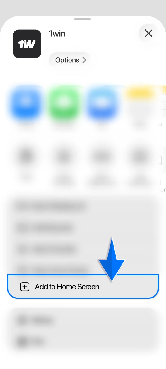 Tap the "Share" button in your browser and select "Add to Home Screen" to create your 1win web app.