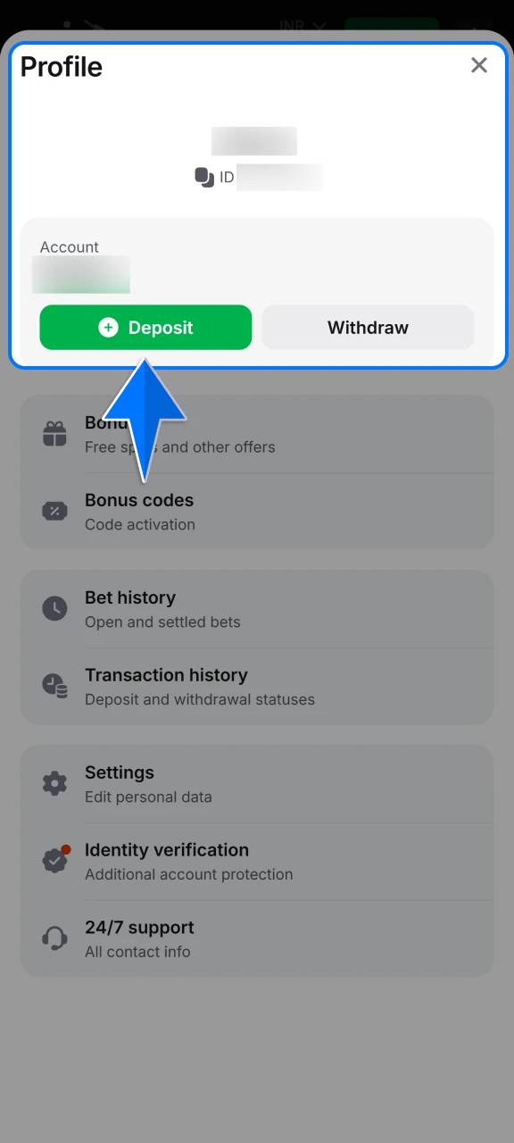 Click the prominent deposit button at the top of the 1win homepage to view all available funding options.
