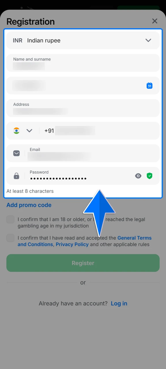 Provide your personal information and create a secure password while confirming you meet the legal age requirement.
