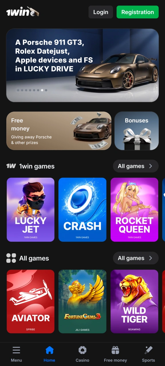 Open the 1win app main page to start mobile betting.