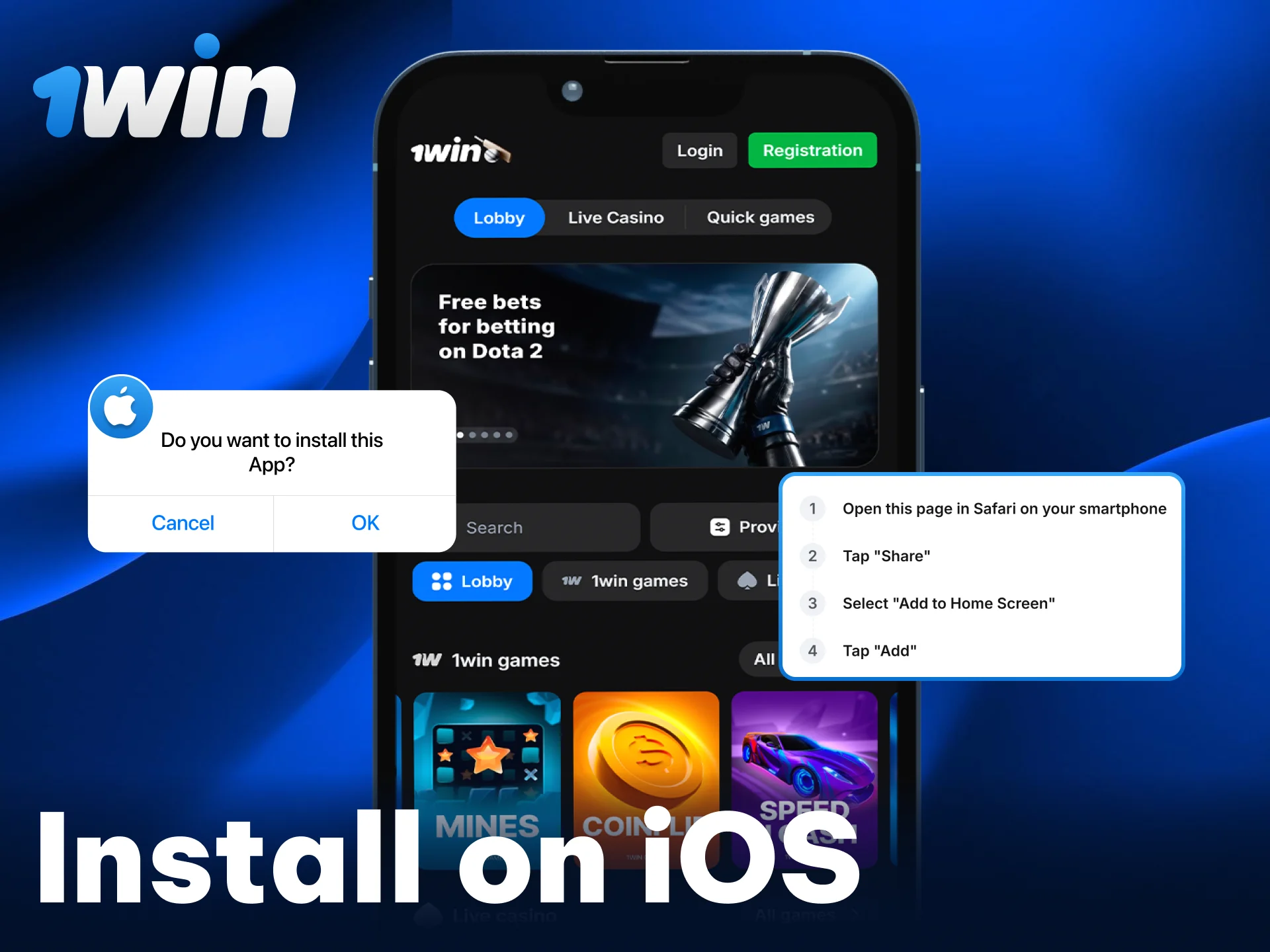 Install the 1win Casino app on your iOS device.