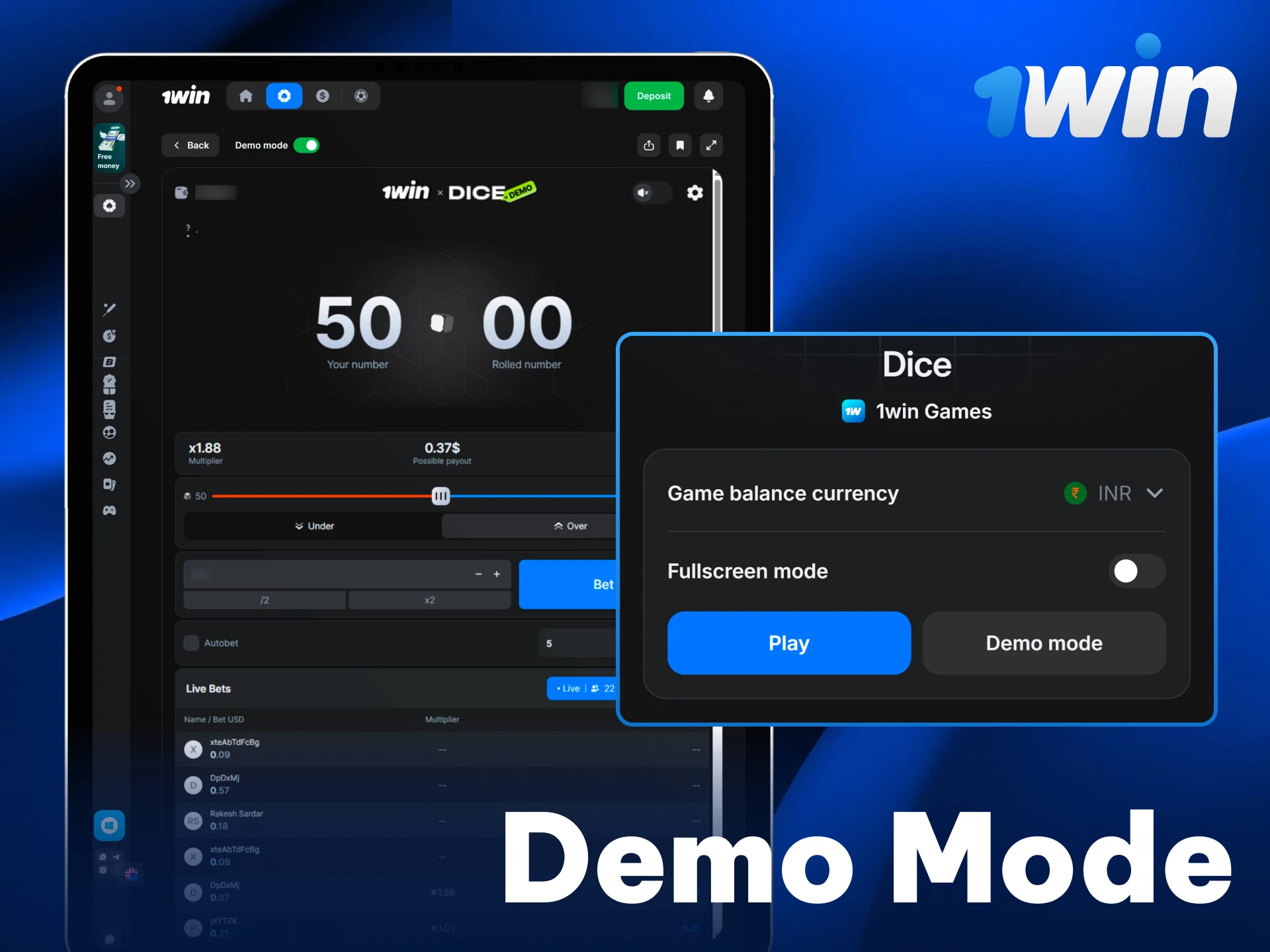 Try 1win Dice in demo mode to play for free today.