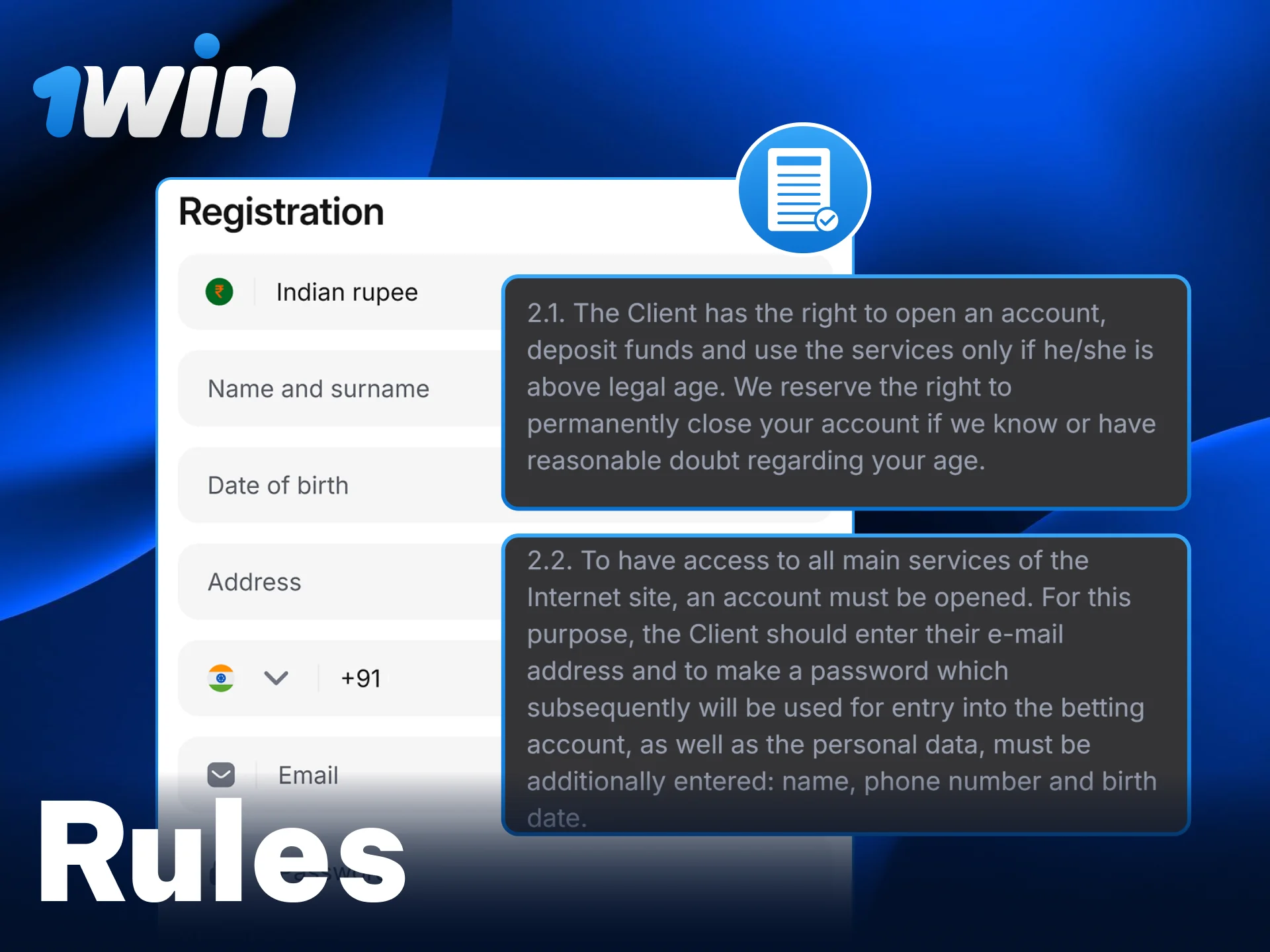 Review the 1Win registration rules for users from India.